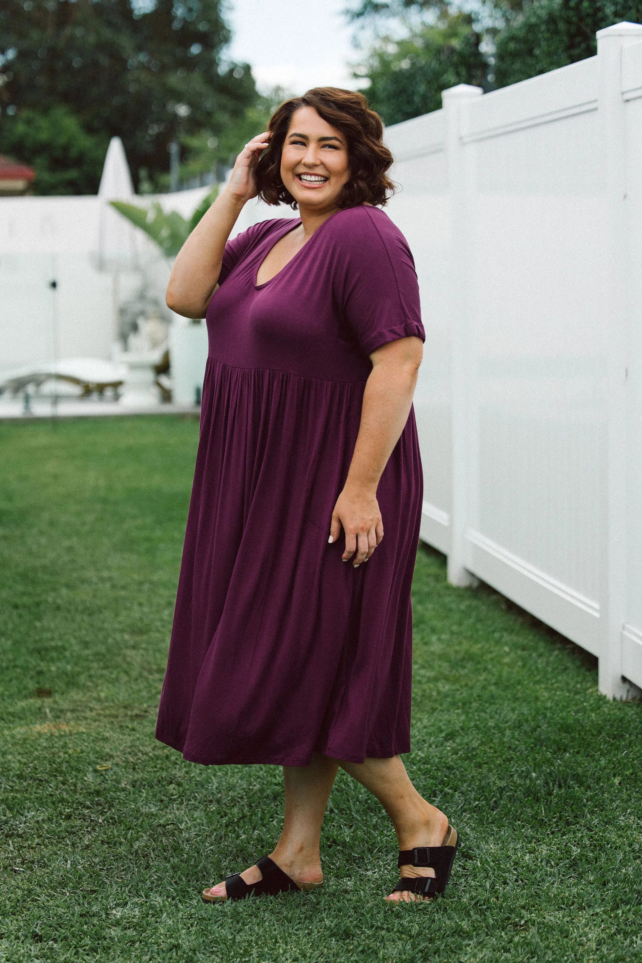 Model Showcasing Vibrant Plus Size Dress - Ashleigh Dress in Berry