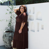 Curvy Model Wearing Plus Size Brown Dress - Harlow Dress in Chocolate