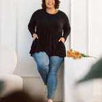 Plus Size clothing,  women modeling a black Plus Size Tops, Lucy Long Sleeve Top in black