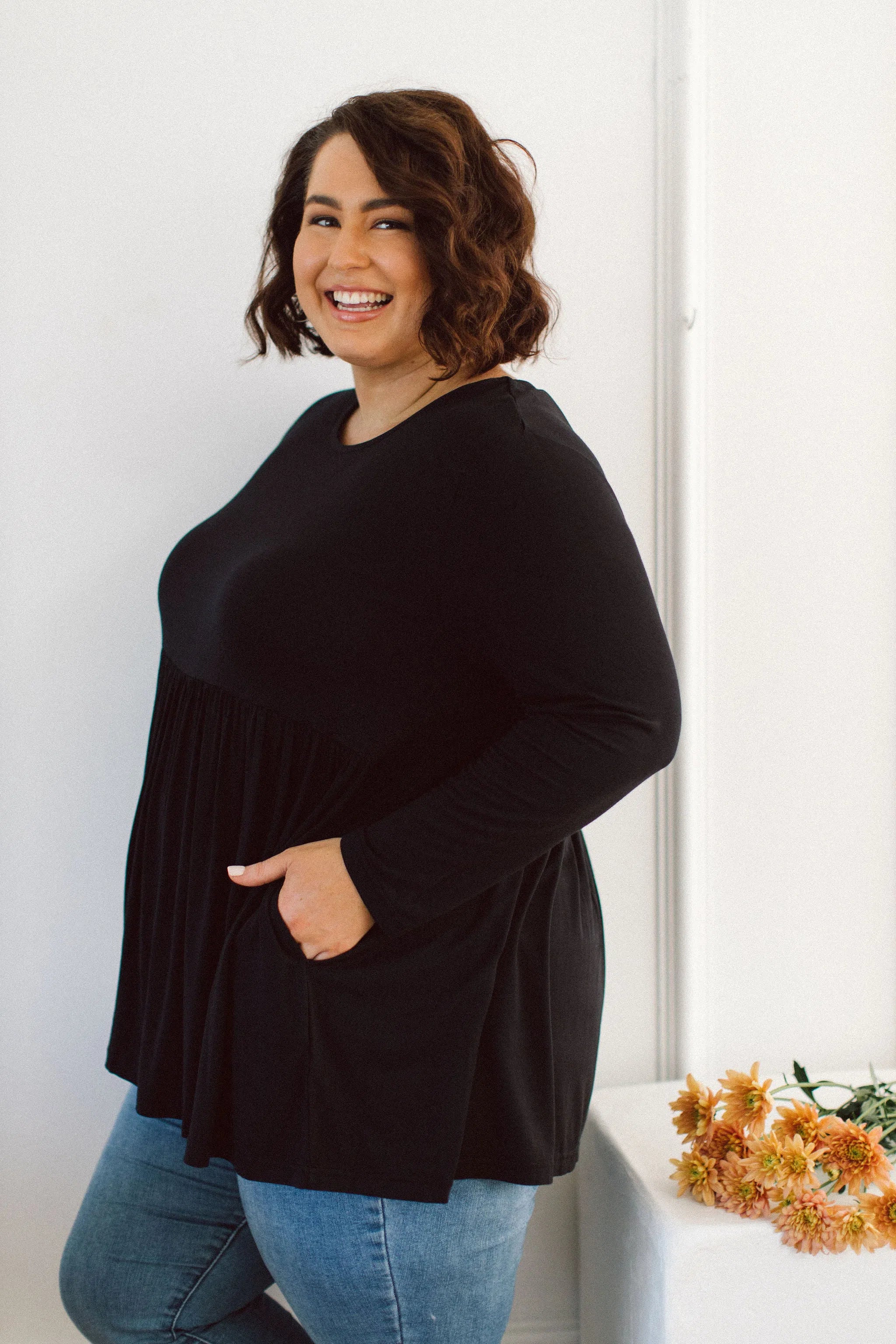 Plus Size clothing, women modeling Curvy Womens Tops, Lucy Long Sleeve Top in black