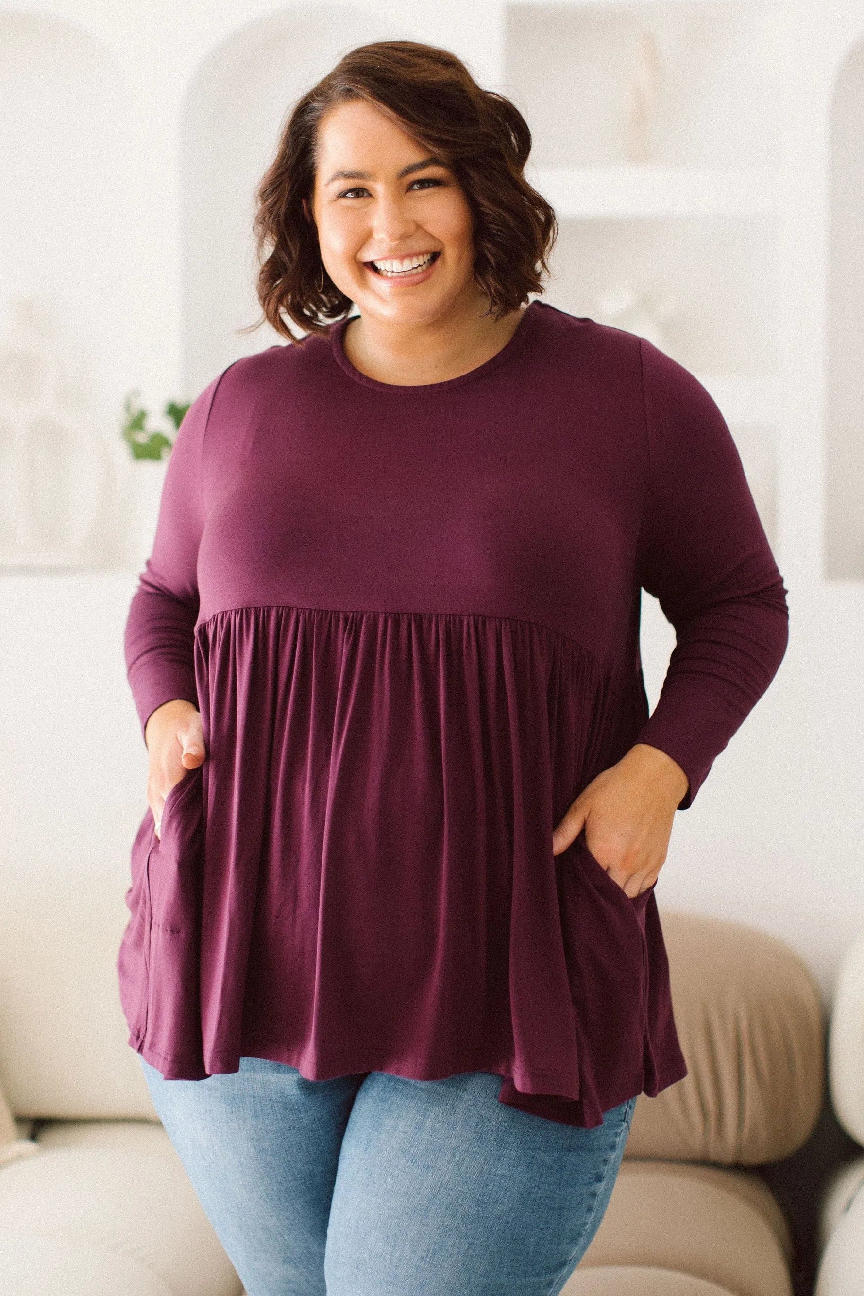 Plus Size clothing,  women modeling a Plus Size Long Sleeve Top - Embrace Berry Elegance with Lucy Long Sleeve Top