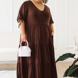 Model in elegant plus size brown dress - Harlow Dress in Chocolate by Peach The Label