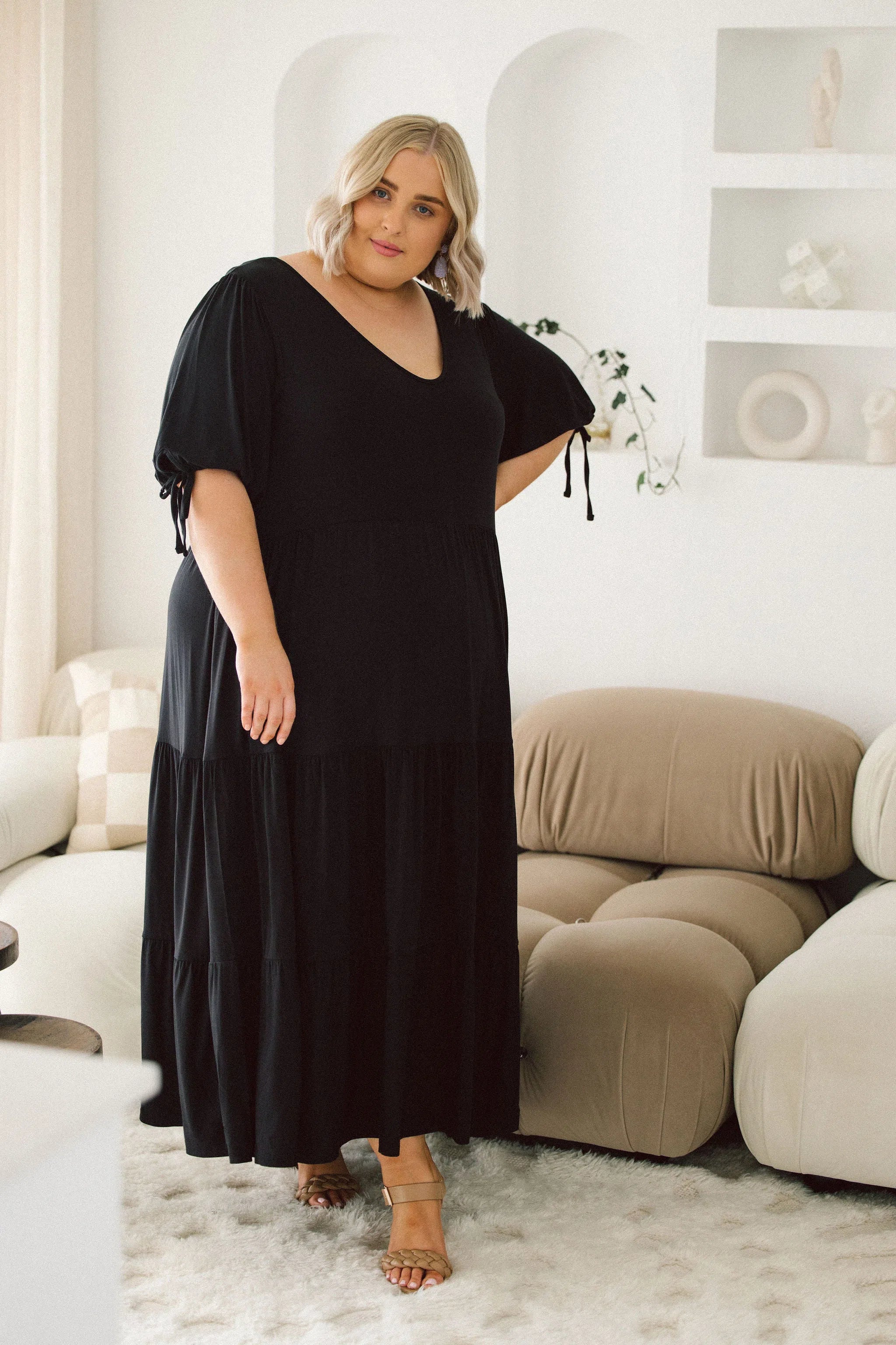 Model Wearing Elegant Plus Size Black Dress - Harlow Dress in Black