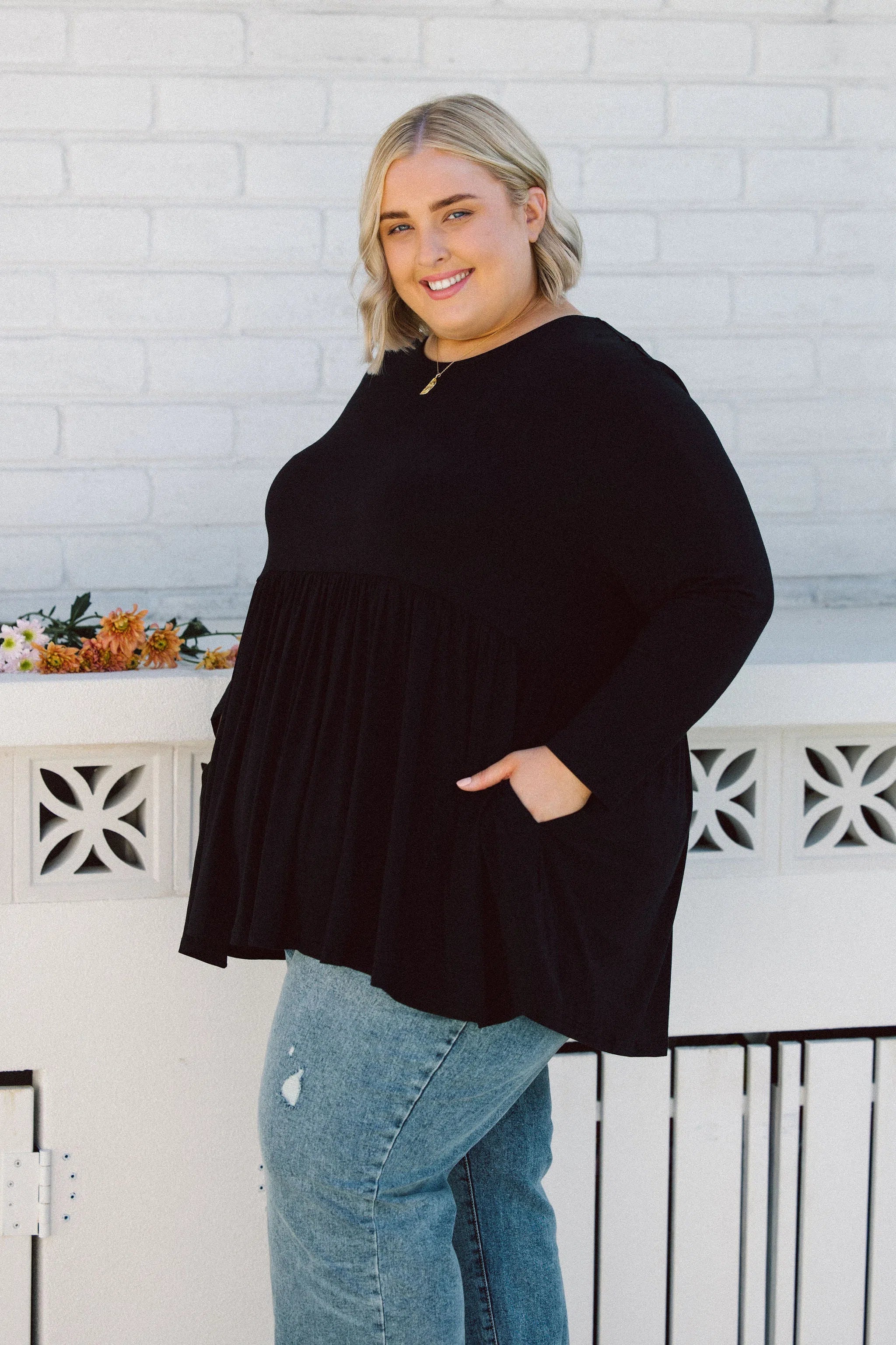 Plus Size clothing,  women modeling Curvy Womens shirt, Lucy Long Sleeve Top in black