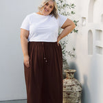 Model Wearing Women's Plus Size Brown Pants - Darcy Pants in Chocolate Brown