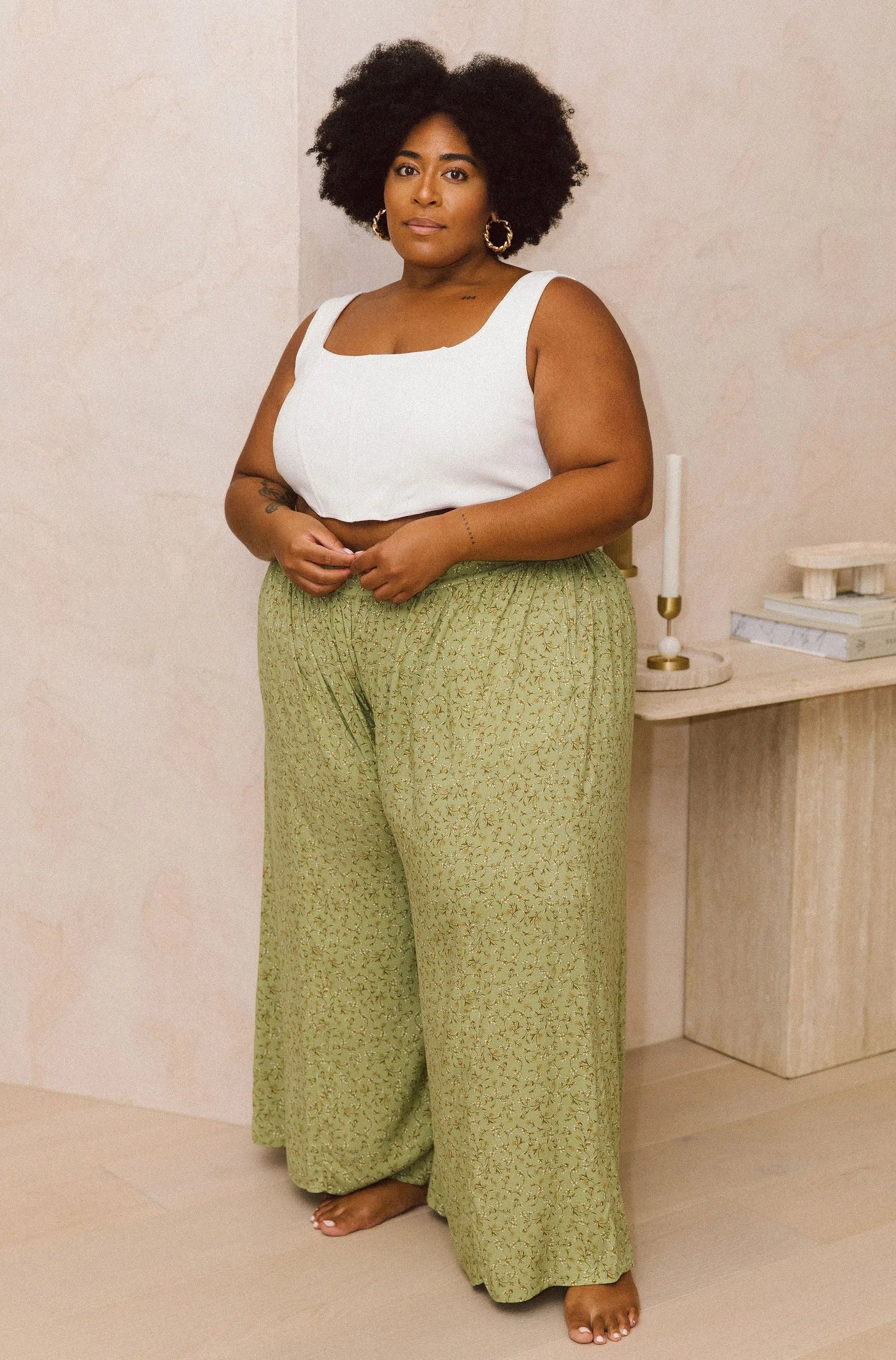 Model Wearing Women's Plus Size Rayon Pants - Maya Pants in Wildflower