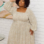 Model flaunting plus size rayon dress - Lexi Dress in White Ditsy by Peach The Label