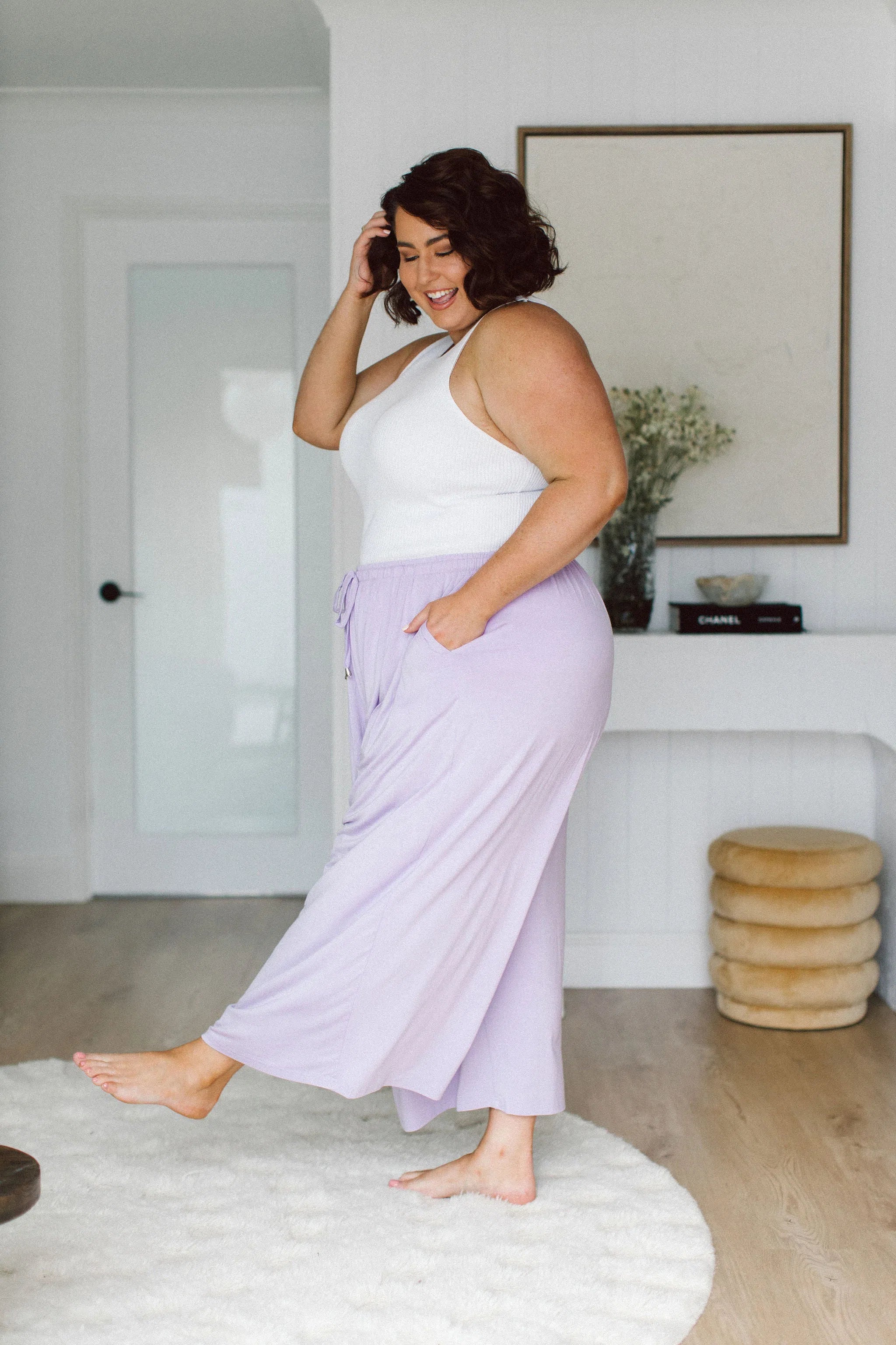 Model in Women's Plus Size Lilac Pants - Darcy Pants in Lilac