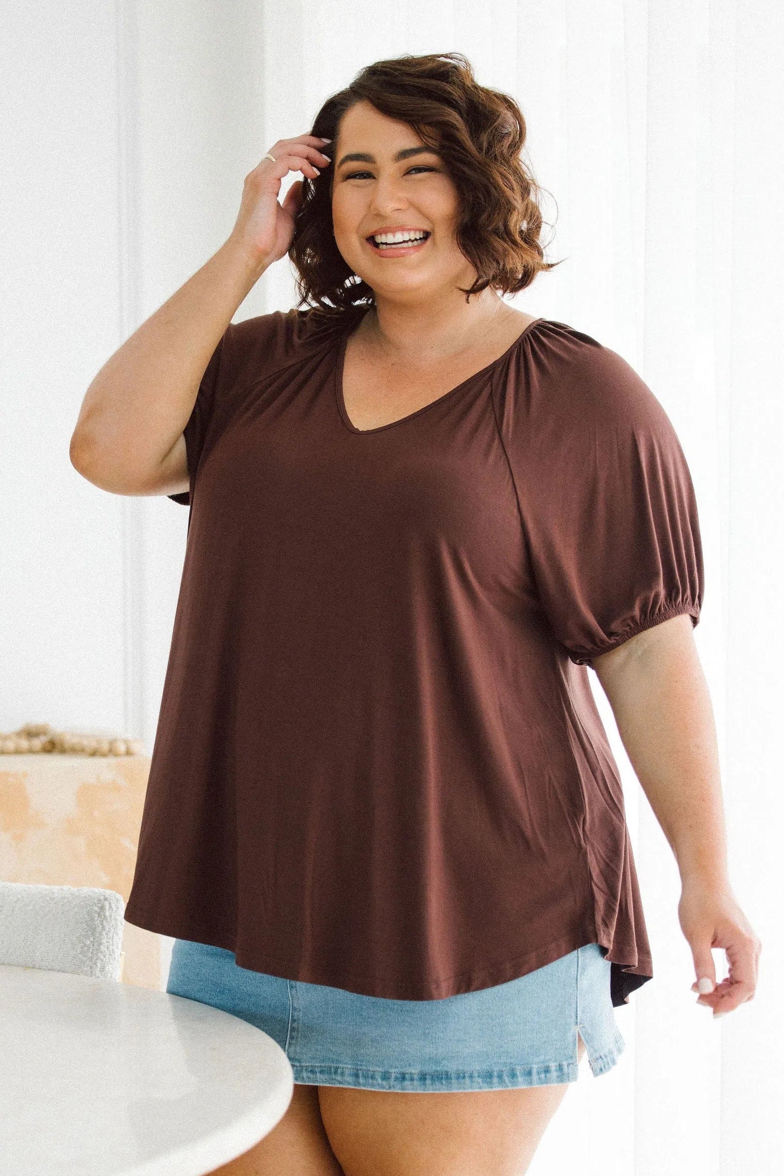 Women's Curvy Brown Top - Embrace Elegance with Remi Top in Chocolate