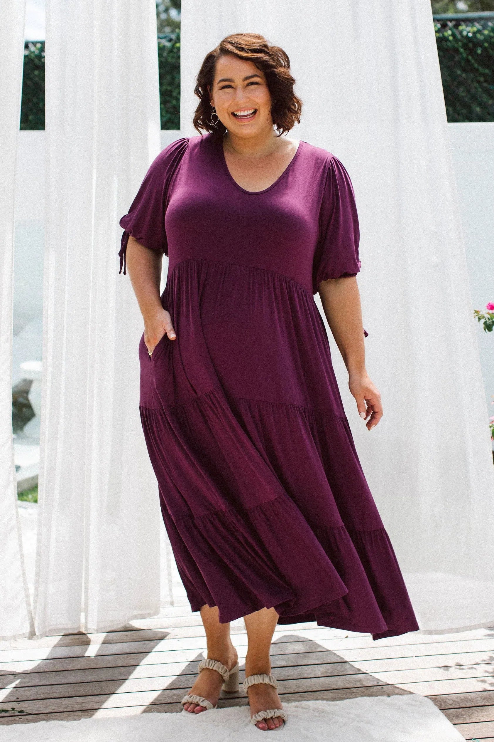 Model Wearing Plus Size Dress with Pockets - Harlow Dress in Berry