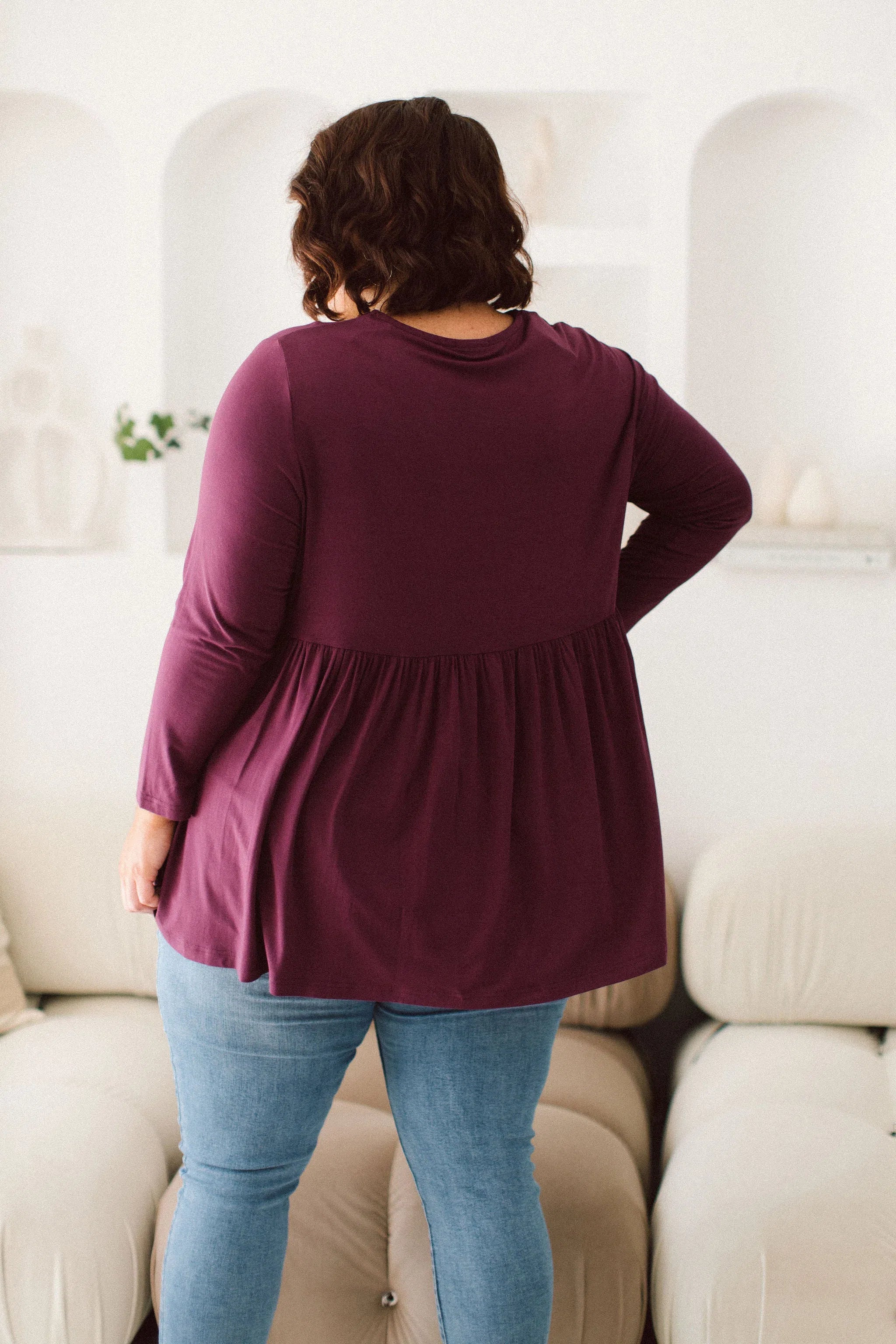 Plus Size clothing,  women modeling a Curvy Womens shirt, Lucy Long Sleeve Top in Purple berry