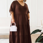 Model in elegant plus size brown dress - Harlow Dress in Chocolate by Peach The Label