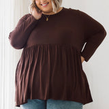Plus Size clothing,  women modeling a Winter Plus Size Top - Stay Cozy with Lucy Long Sleeve Top in Chocolate