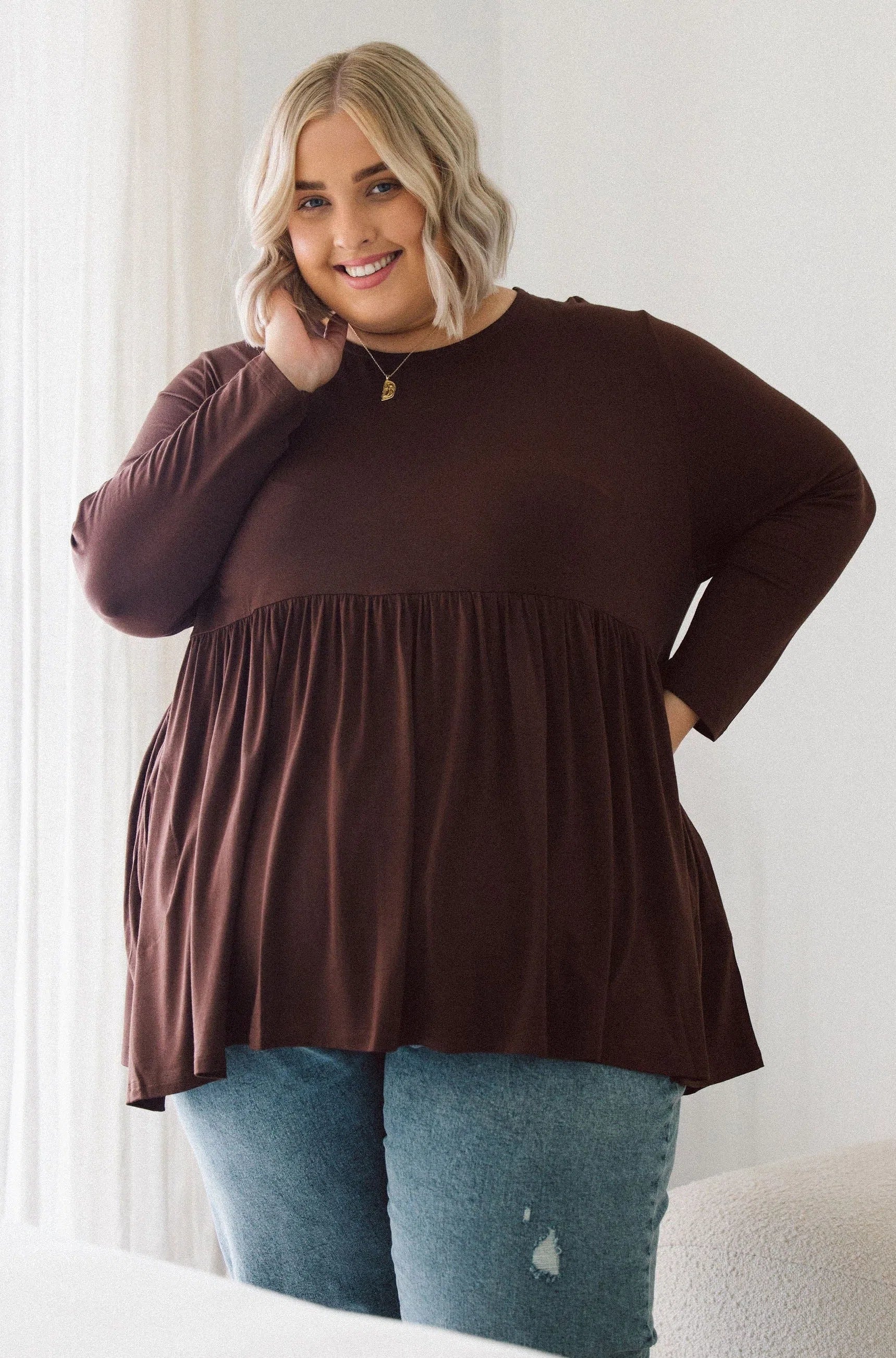 Plus Size clothing,  women modeling a Winter Plus Size Top - Stay Cozy with Lucy Long Sleeve Top in Chocolate