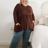 Plus Size clothing,  women modeling a winter Curvy Womens Tops, Lucy Long Sleeve Top in Purple chocolate brown