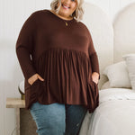 Plus Size clothing,  women modeling a winter Plus Size Tops, Lucy Long Sleeve Top in Purple chocolate brown