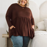 Plus Size clothing,  women modeling a winter Plus Size Tops, Lucy Long Sleeve Top in Purple chocolate brown