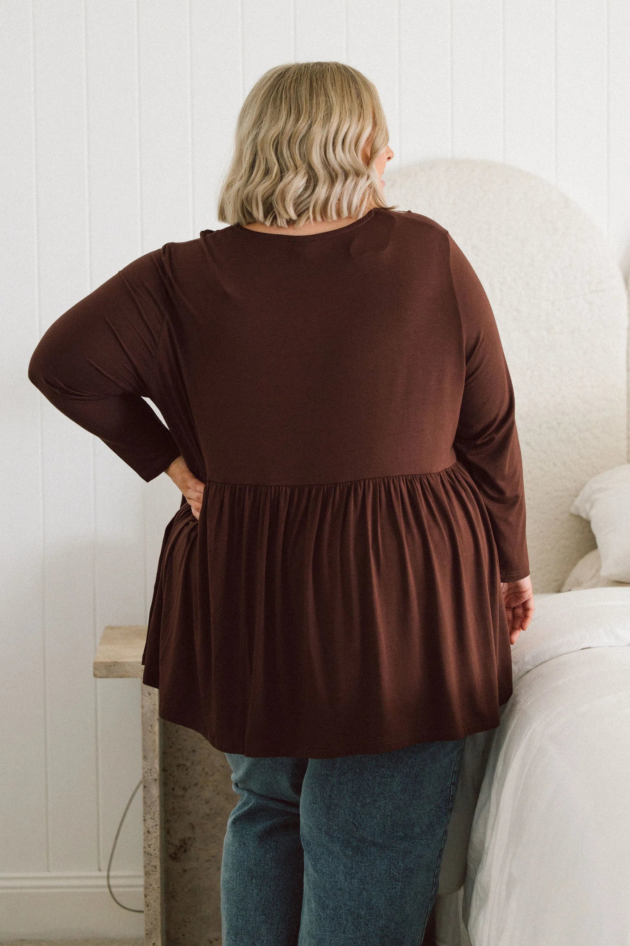 Plus Size clothing,  women modeling a wint Plus size womens shirt, Lucy Long Sleeve Top in Purple chocolate brown
