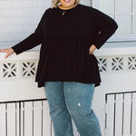 Plus Size clothing,  women modeling a black Womens Plus Size Tops, Lucy Long Sleeve Top in black