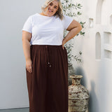 Model Wearing Women's Plus Size Brown Pants - Darcy Pants in Chocolate Brown